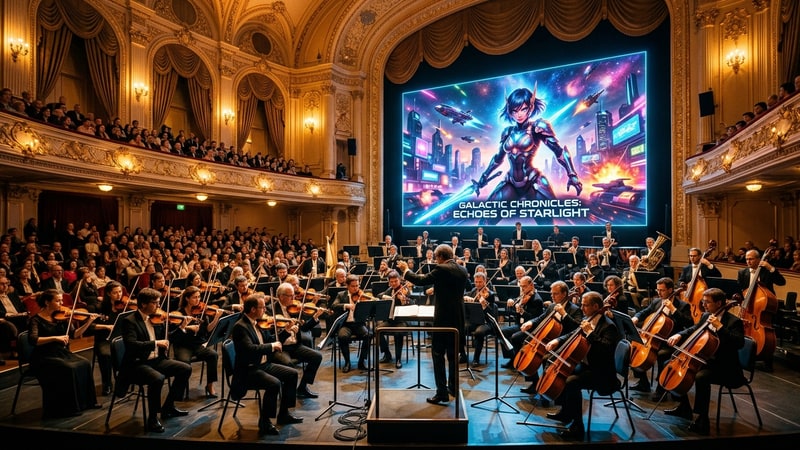 NIKKE fourth anniversary Echoes of Eternity orchestral concert visual in grand concert hall with cinematic sci-fi screen