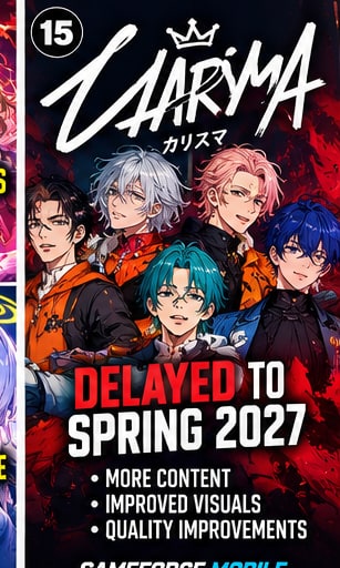 Charisma de Murder Mystery smartphone game postponement visual featuring seven main characters