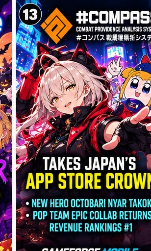 Compass and Pop Team Epic collaboration key visual celebrating Japan App Store number one revenue ranking