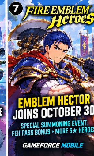 Fire Emblem Heroes Emblem Hector summoning banner artwork with battle axe and blue cape