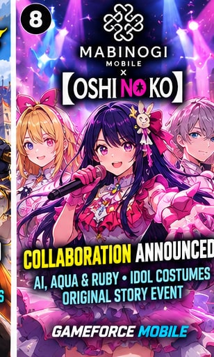 Mabinogi Mobile Oshi no Ko collaboration visual with Ai Hoshino, Aqua, and Ruby in idol costumes