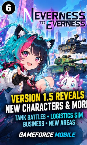Neverness to Everness Version 1.5 key visual with anime catgirl and urban combat tanks