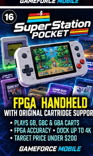 SuperStation Pocket FPGA handheld console with Game Boy cartridges and portable gaming screen
