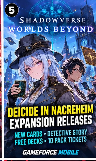 Shadowverse Worlds Beyond Deicide in Nacreheim expansion art with anime detective and mysterious city