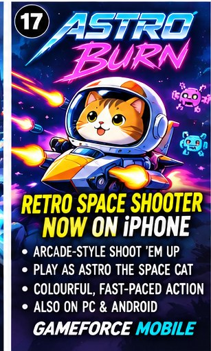 Astro Burn iOS release key art featuring Astro the space cat piloting a colourful spaceship