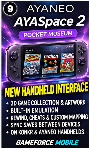 AYANEO AYASpace 2 Pocket Museum 3D retro game launcher interface on Android gaming handheld