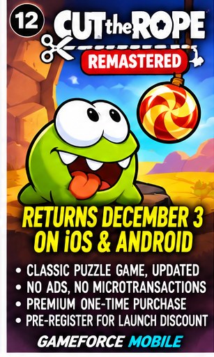 Cut the Rope Remastered standalone mobile launch visual with Om Nom and hanging candy