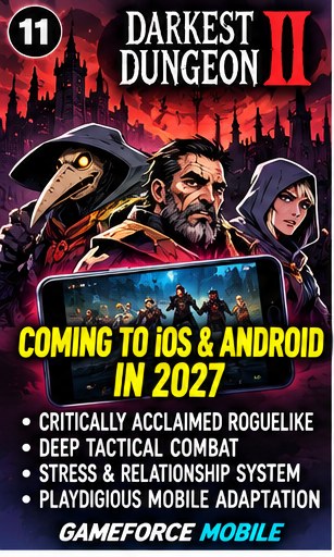 Darkest Dungeon II mobile announcement artwork with Plague Doctor and party on smartphone screen