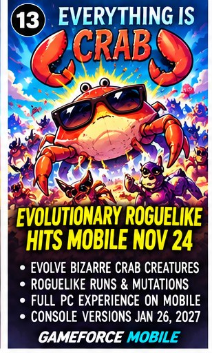 Everything Is Crab evolutionary roguelike mobile announcement art with giant sunglasses-wearing crab