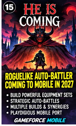 He Is Coming mobile adaptation announcement key art with lone warrior facing horned demon lord