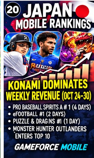 Japan mobile revenue rankings visual showing Konami baseball and soccer games dominating App Store chart