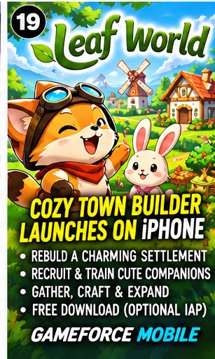 Leaf World cozy village builder key art with aviator fox hero and cute bunny companion in front of windmill