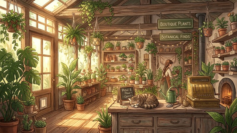 Leafy Corner cozy plant shop management game with botanical interior and resting cat