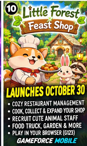 Little Forest Feast Shop browser simulator artwork showing cute dog chef with animal restaurant staff