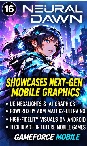 Neural Dawn Unreal Engine MegaLights tech demo visual with cyberpunk anime heroine in neon city