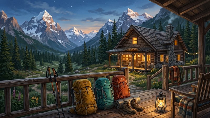Pines Peak Merge Travel Games alpine mountain lodge and outdoor camping adventure art