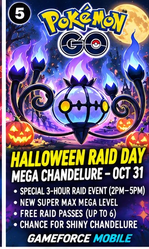 Pokemon GO Halloween Raid Day promotional artwork with Mega Chandelure Super Max Mega Evolution