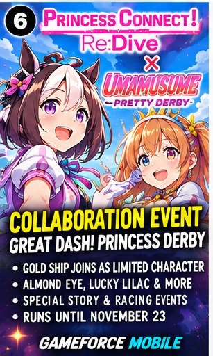 Princess Connect Re Dive and Umamusume Pretty Derby collaboration art with Gold Ship and Pecorine