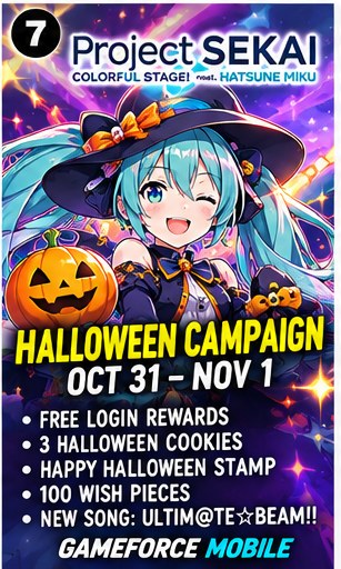 Project Sekai Colorful Stage Halloween campaign art featuring Hatsune Miku in witch costume