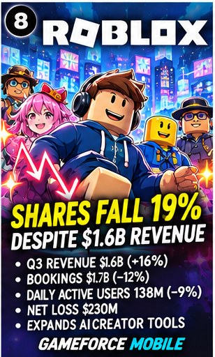 Roblox Q3 earnings graphic with avatar characters and stock chart decline overlay
