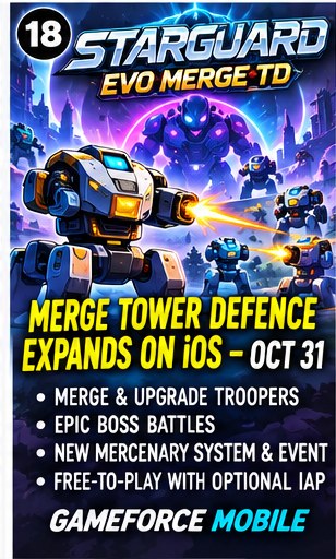 Starguard Evo Merge TD sci-fi tower defence artwork featuring futuristic combat mechs and troopers