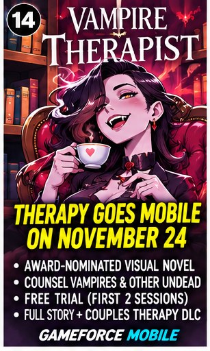 Vampire Therapist mobile launch visual with elegant female vampire drinking tea on velvet couch